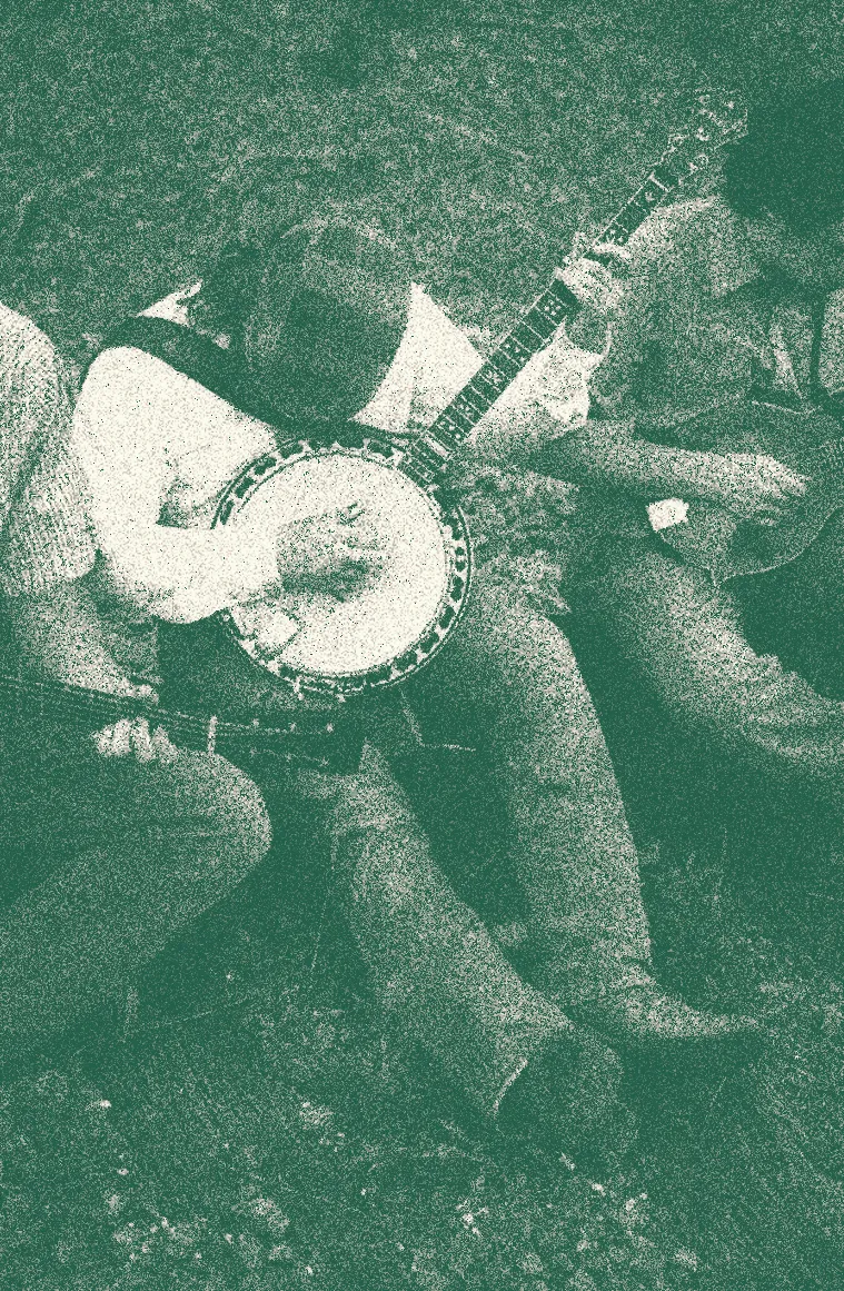 Grainy green photo of banjo and guitar players